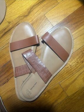 Time and Tru Cognac Brown Double-Strap Slide Sandals